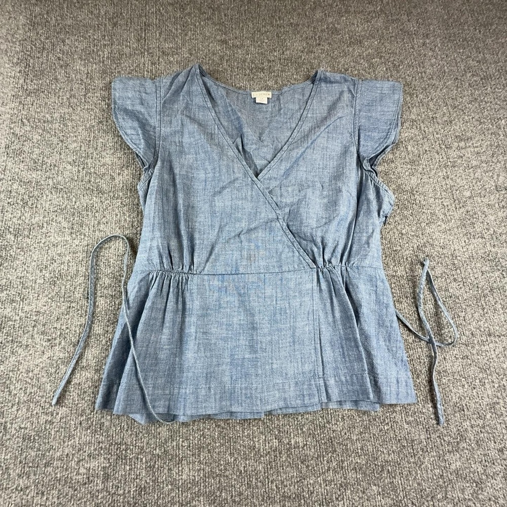 J. By J.Crew Blouse Womens 14 Blue Chambray Wrap Flutter Sleeve Belted Tunic Top